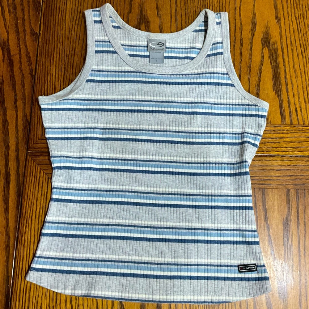 Blue & gray striped tank curved hem S